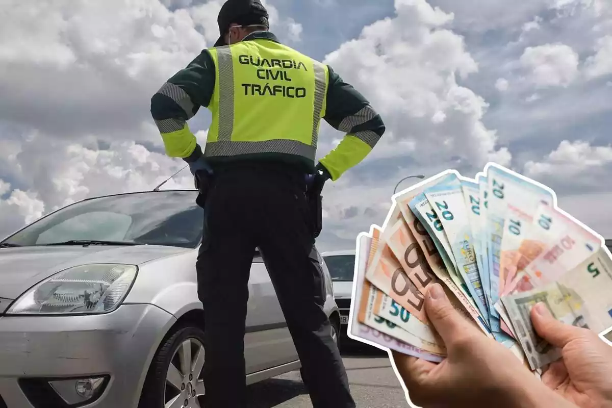 Imagen de un coche junto a un agente de la Guardia Civil y otra de varios billetes de euros Imagen de un coche junto a un agente de la Guardia Civil y otra de varios billetes de euros