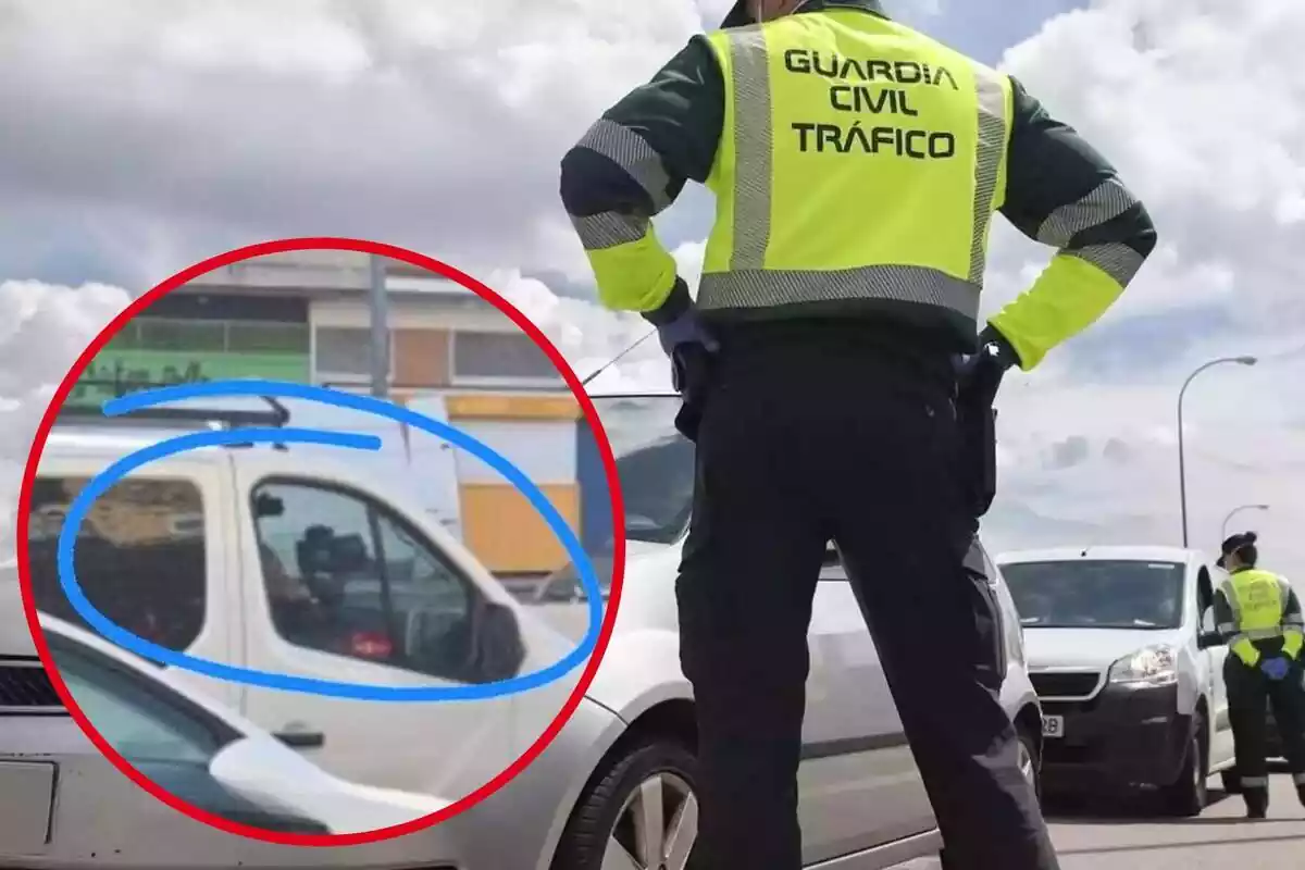 Imagen de fondo de varios agentes de la Guardia Civil de Tráfico en un control en la carretera con coches parados, y otra imagen de una furgoneta radar de la DGT con un círculo que señala al conductor de la misma Imagen de fondo de varios agentes de la Guardia Civil de Tráfico en un control en la carretera con coches parados, y otra imagen de una furgoneta radar de la DGT con un círculo que señala al conductor de la misma