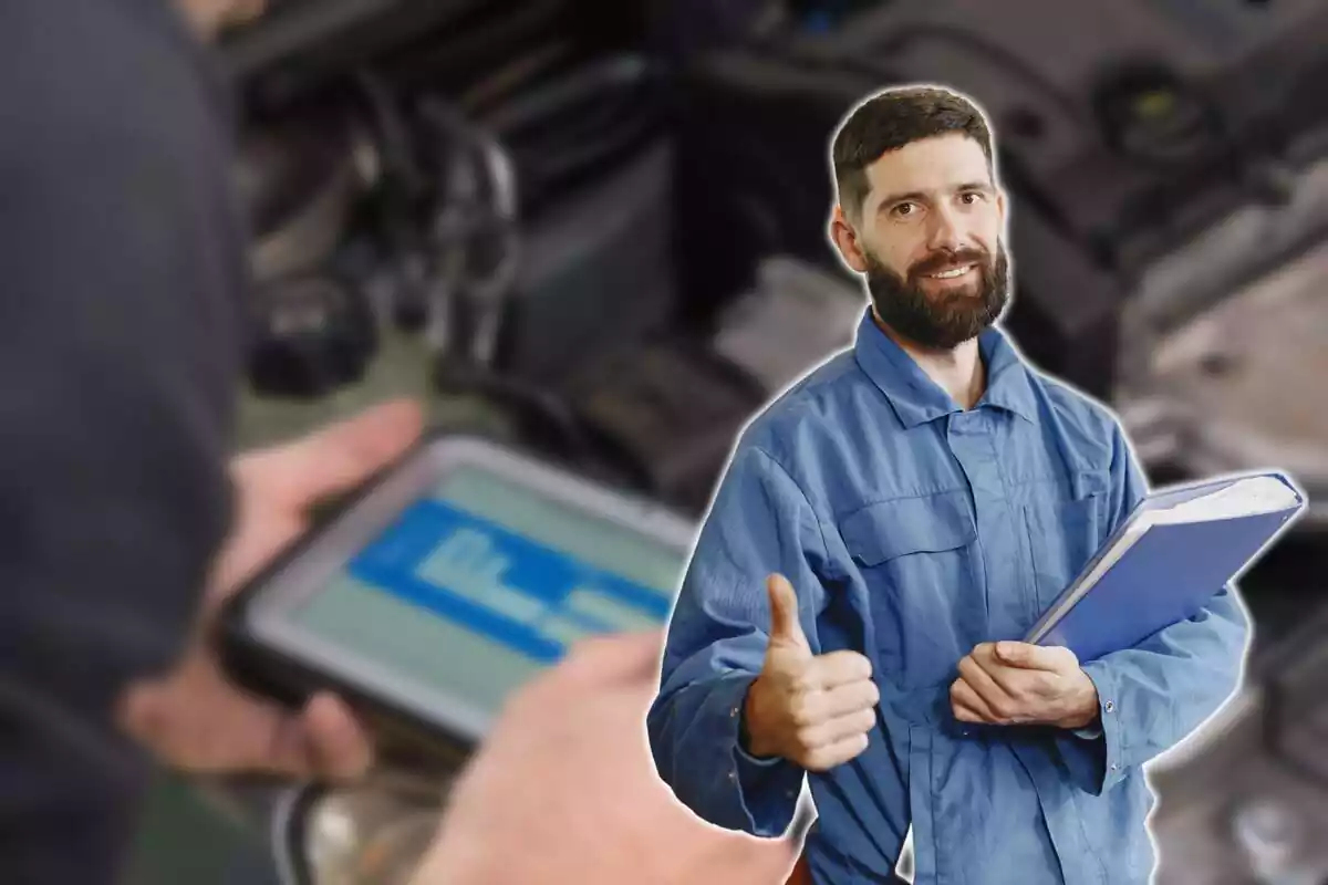 Mecánico con pulgar hacia arriba e inspección de coche de fondo Mecánico con pulgar hacia arriba e inspección de coche de fondo