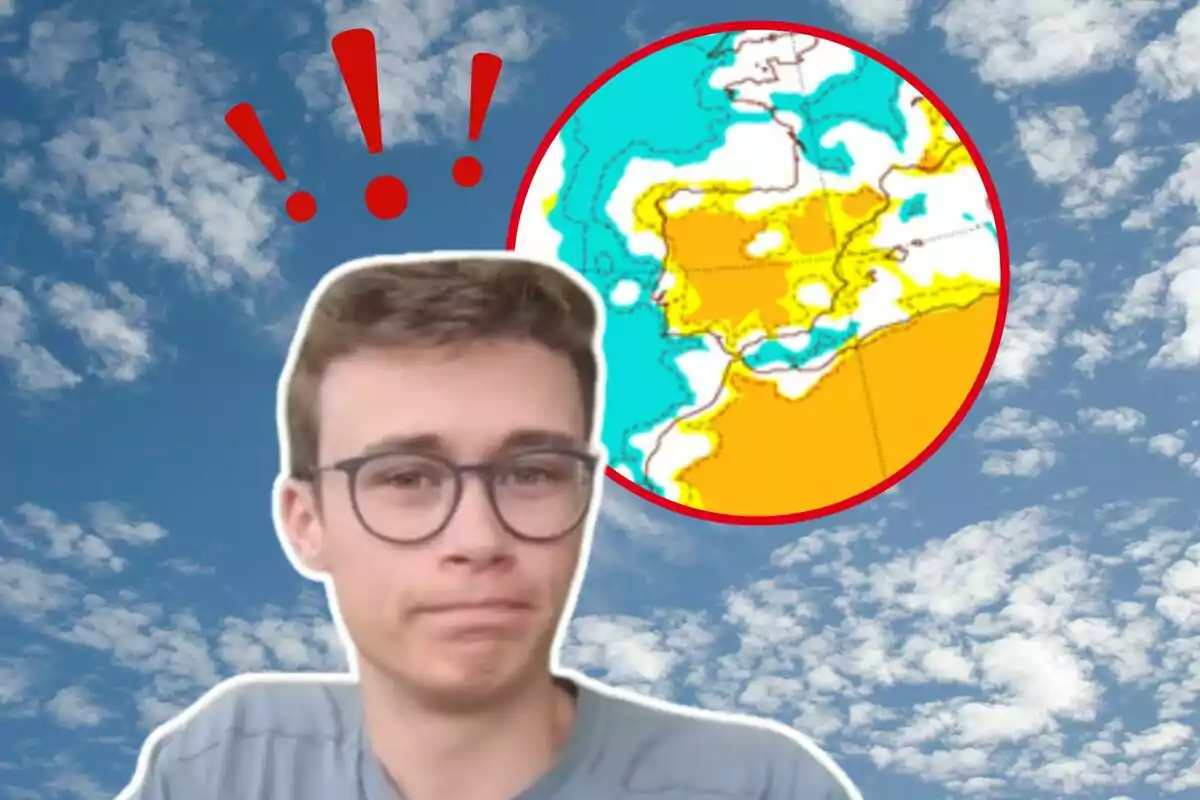 Jorge Rey con gafas y expresión de sorpresa aparece frente a un cielo azul con nubes, acompañado de un mapa meteorológico en un círculo rojo y signos de exclamación rojos sobre su cabeza. Jorge Rey con gafas y expresión de sorpresa aparece frente a un cielo azul con nubes, acompañado de un mapa meteorológico en un círculo rojo y signos de exclamación rojos sobre su cabeza.