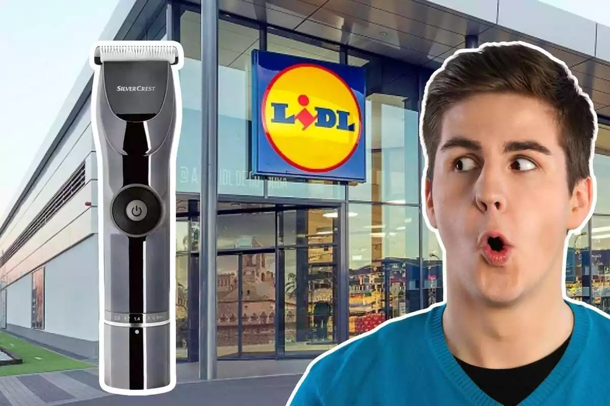 Montaje con un hombre sorprendido, una tienda Lidl y una máquina cortapelos