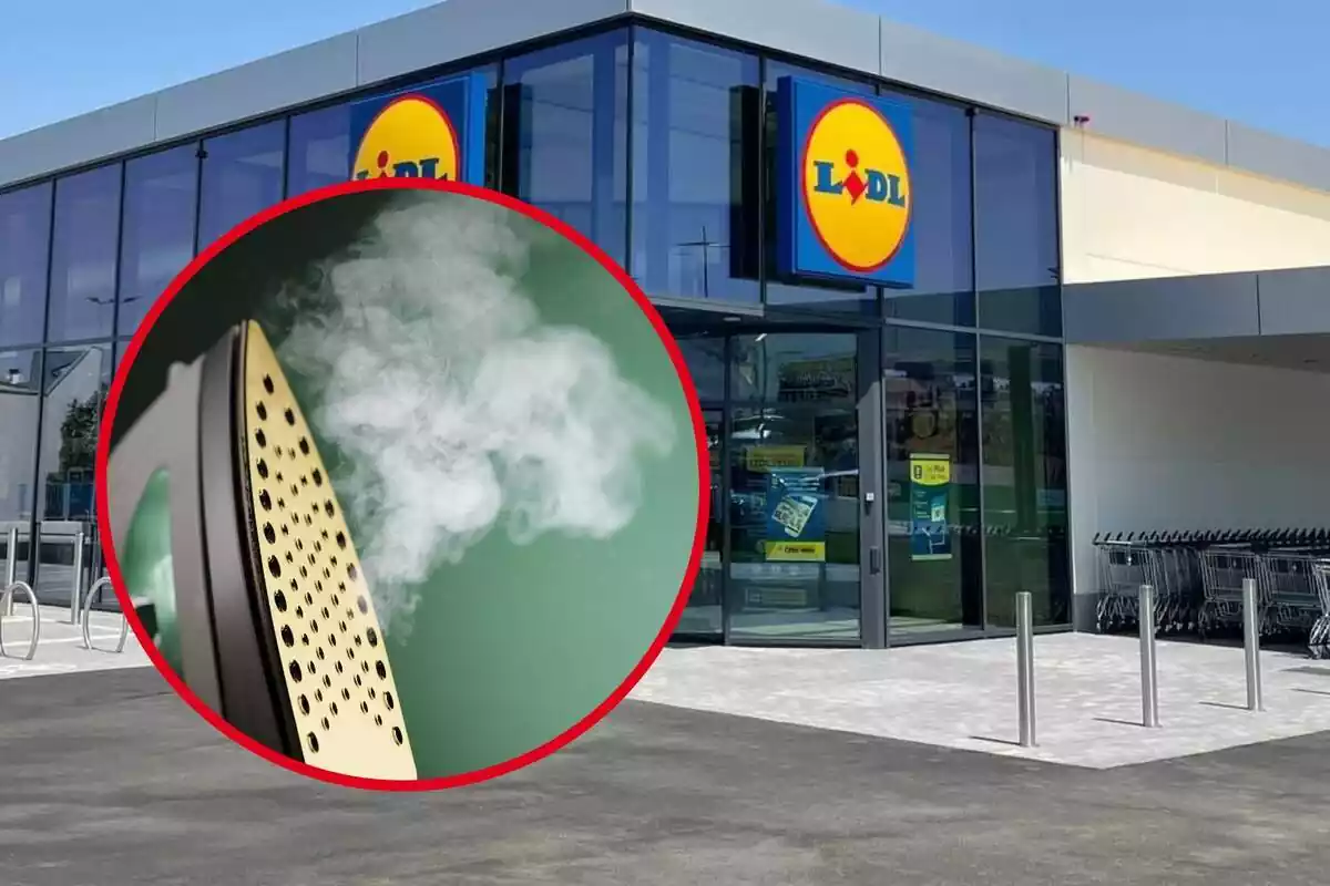 Plancha desprendiendo vapor en círculo rojo sobre fondo de exterior del Lidl Plancha desprendiendo vapor en círculo rojo sobre fondo de exterior del Lidl