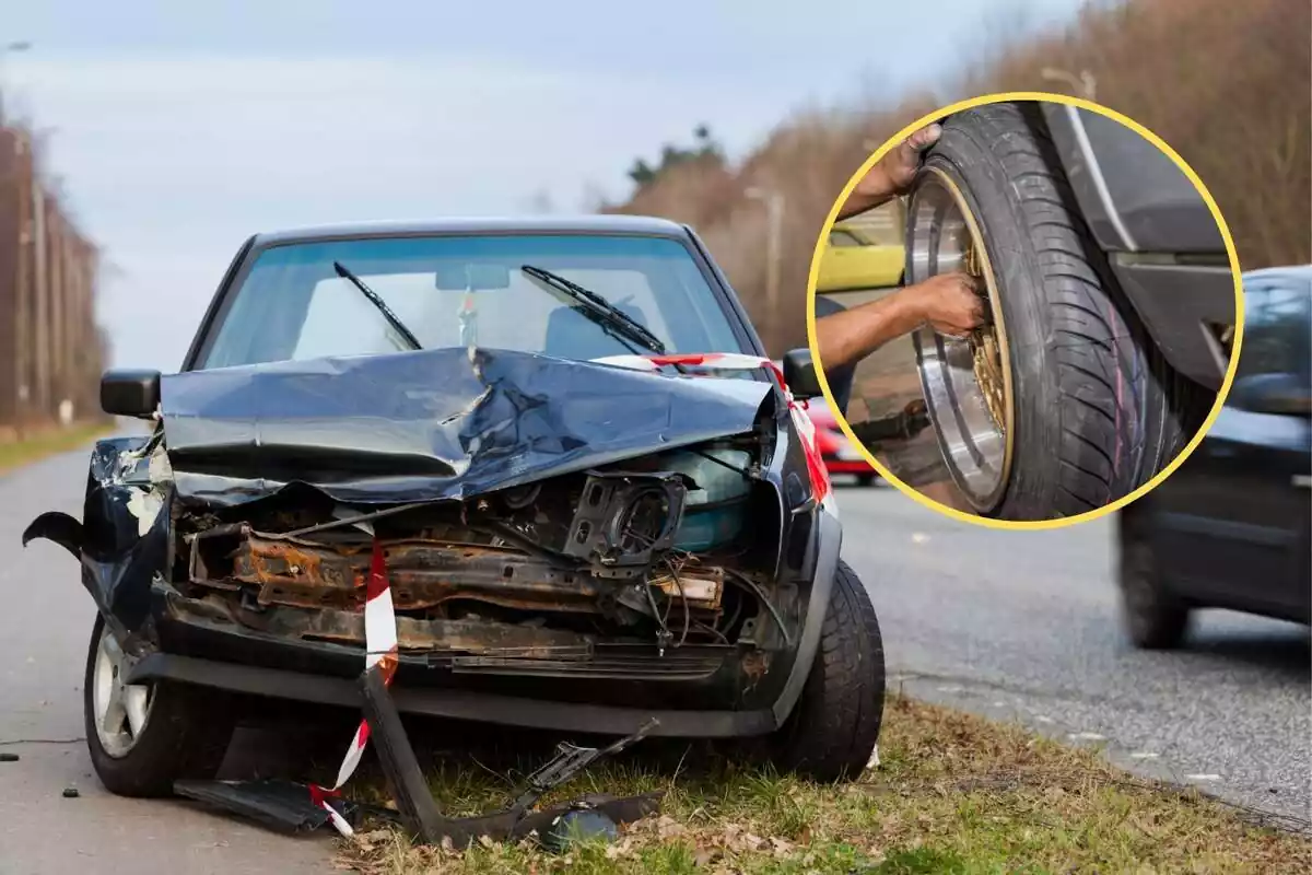 Montaje donde aparece un coche accidentado y la imagen de un mecánico arreglando unas ruedas en la derecha Montaje donde aparece un coche accidentado y la imagen de un mecánico arreglando unas ruedas en la derecha