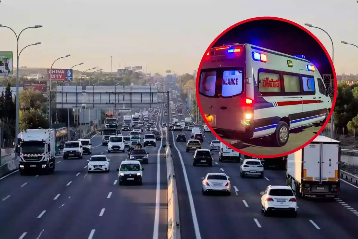 Vehículos circulando por una autovía, y en el círculo, una ambulancia con las luces de emergencia encendidas Vehículos circulando por una autovía, y en el círculo, una ambulancia con las luces de emergencia encendidas