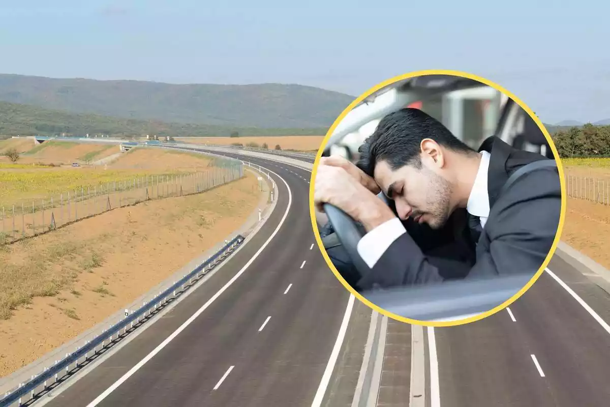 Montaje de una autovía y una redonda con un hombre durmiendo al volante