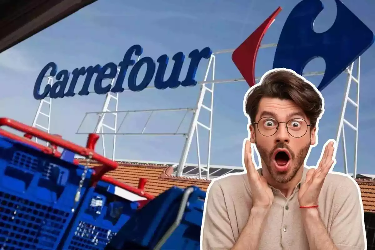 Montaje de una tienda de Carrefour exterior y un chico sorprendido Montaje de una tienda de Carrefour exterior y un chico sorprendido