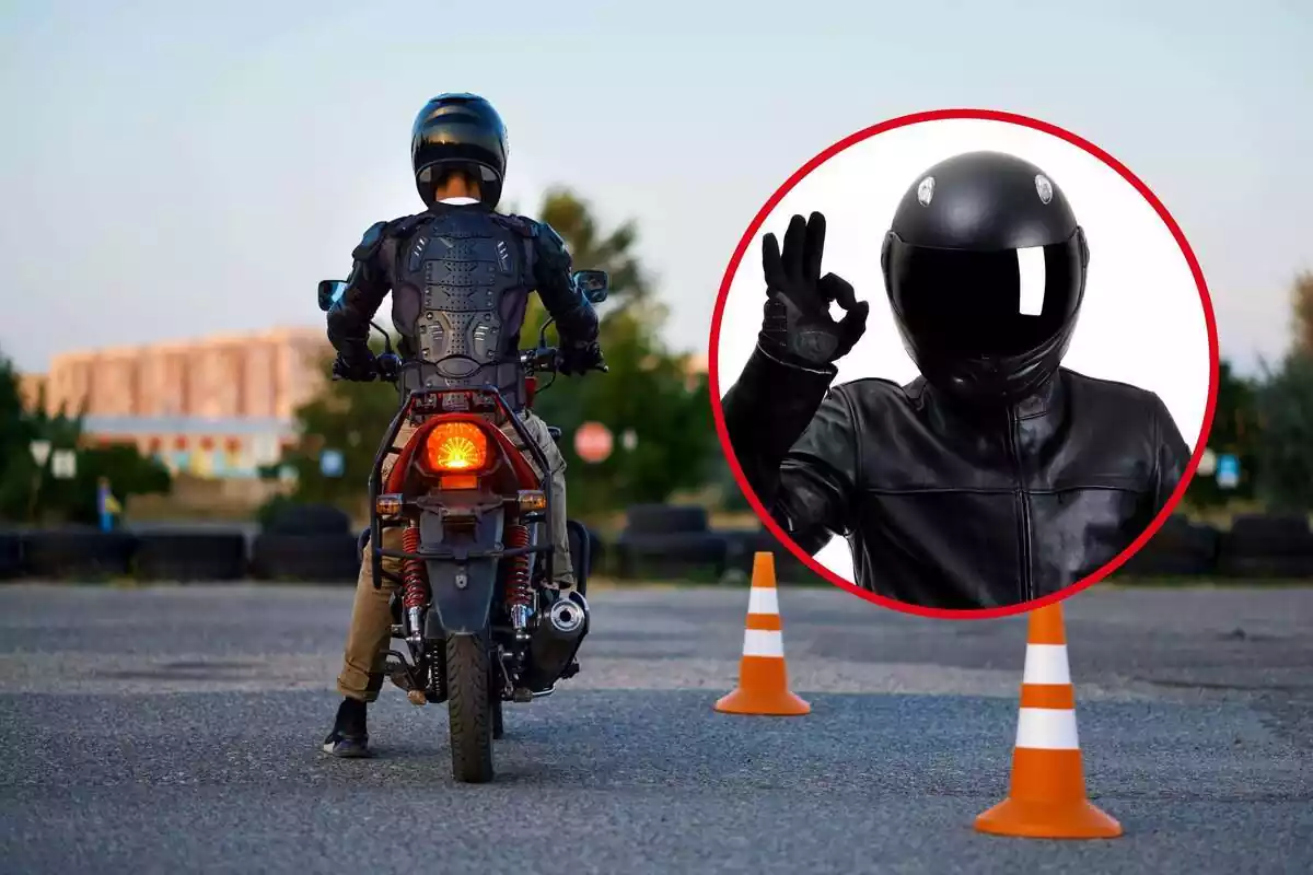Montaje de un motorista con protecciones en un circuito y una redonda con un motorista dando una señal Montaje de un motorista con protecciones en un circuito y una redonda con un motorista dando una señal