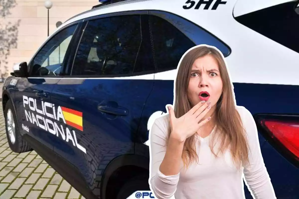Muntatge d´un cotxe de la Policia Nacional i una noia sorpresa Muntatge d´un cotxe de la Policia Nacional i una noia sorpresa
