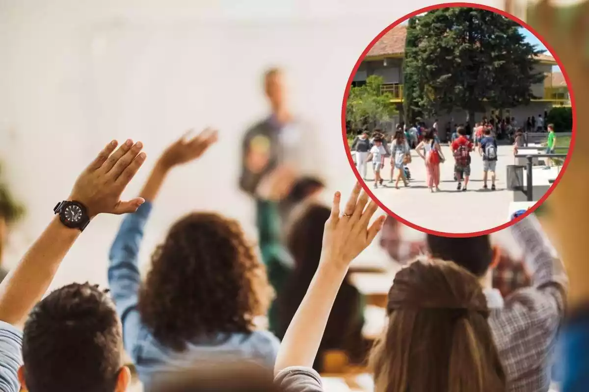 Unos alumnos de espalda levantan la mano, y en el círculo, imagen del colegio Estudio Unos alumnos de espalda levantan la mano, y en el círculo, imagen del colegio Estudio