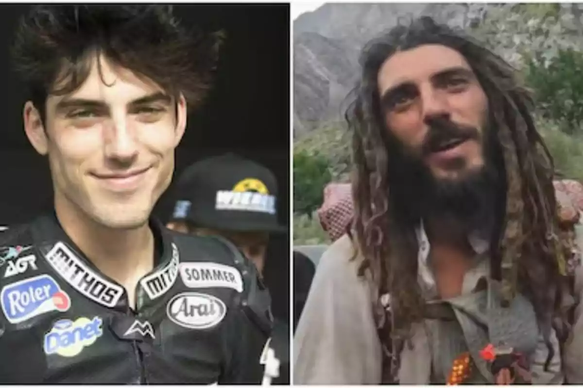 Dos imágenes lado a lado de Axel Pons con chaqueta de motociclista y al otro lado aparece con rastas y barba en un entorno natural.