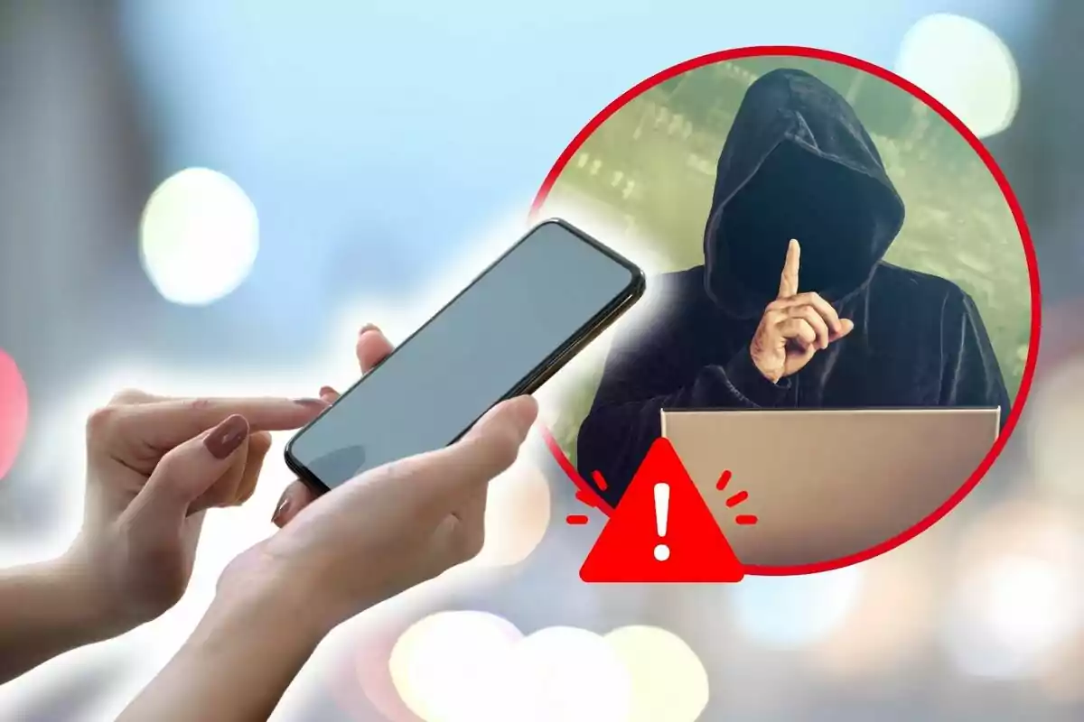 Montaje de fotos de una mano sujetando un móvil y, al lado, la imagen de un hacker con el emoji de peligro Montaje de fotos de una mano sujetando un móvil y, al lado, la imagen de un hacker con el emoji de peligro
