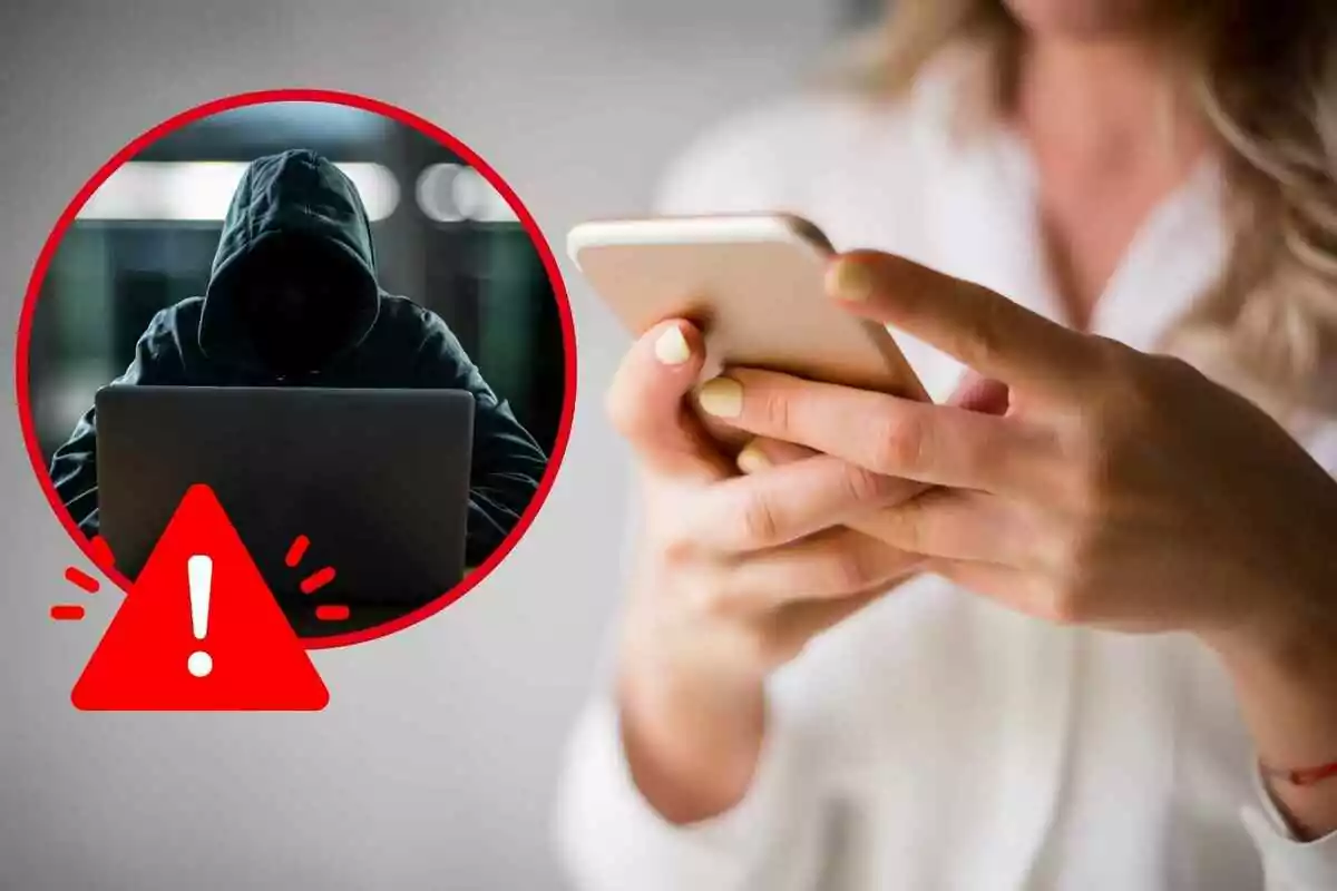 Persona usando un teléfono móvil con un símbolo de advertencia y la imagen de un hacker en una computadora portátil. Persona usando un teléfono móvil con un símbolo de advertencia y la imagen de un hacker en una computadora portátil.