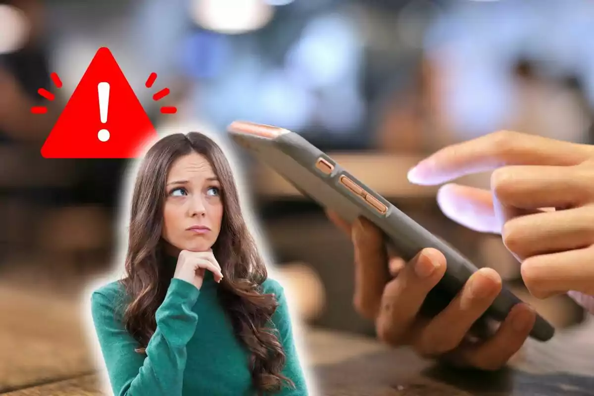 Una mujer con expresión pensativa y un signo de advertencia rojo junto a una mano usando un teléfono móvil. Una mujer con expresión pensativa y un signo de advertencia rojo junto a una mano usando un teléfono móvil.