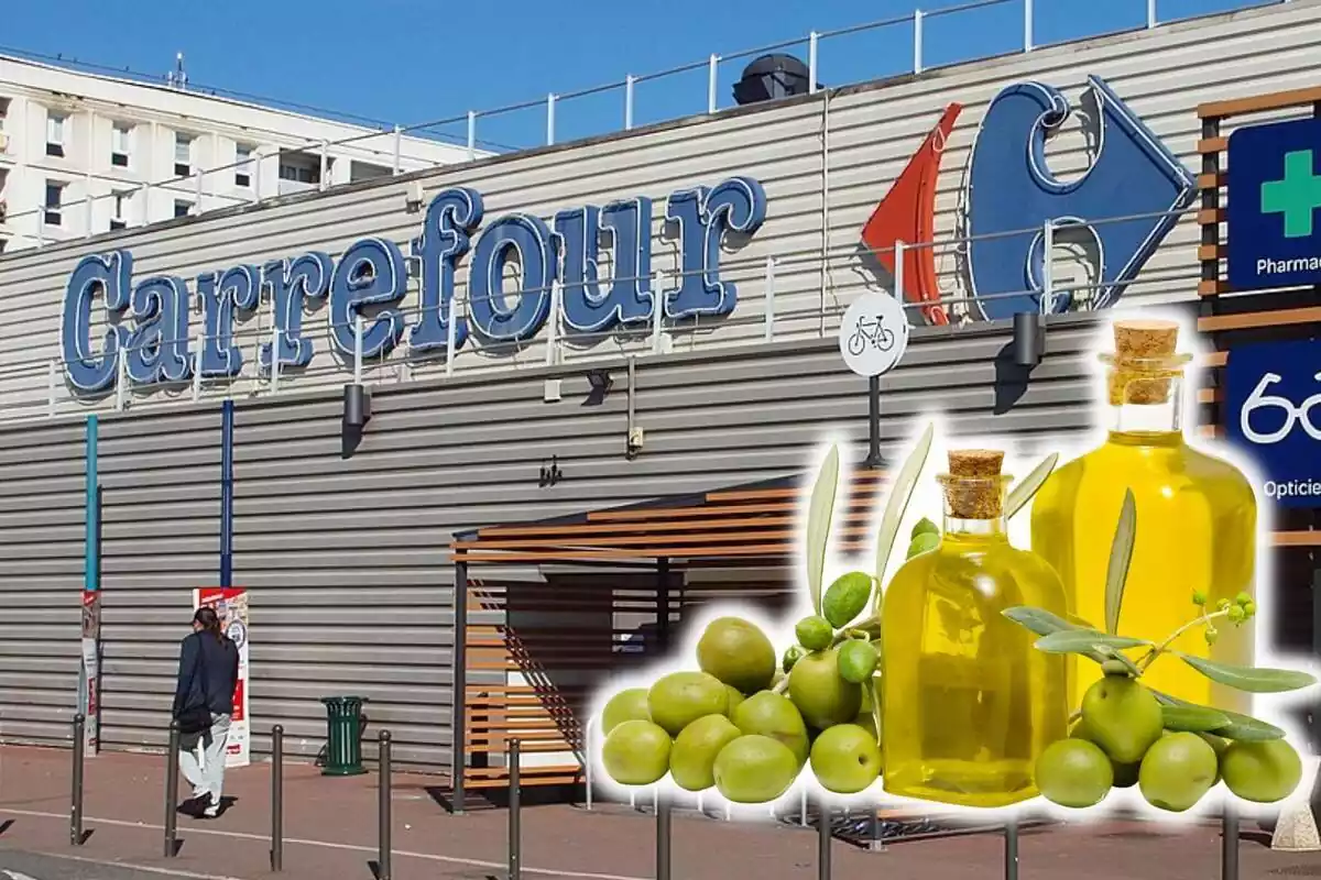 Montaje del exterior del supermercado Carrefou y a su derecha la imagen de varias botelles con aceite de oliva Montaje del exterior del supermercado Carrefou y a su derecha la imagen de varias botelles con aceite de oliva