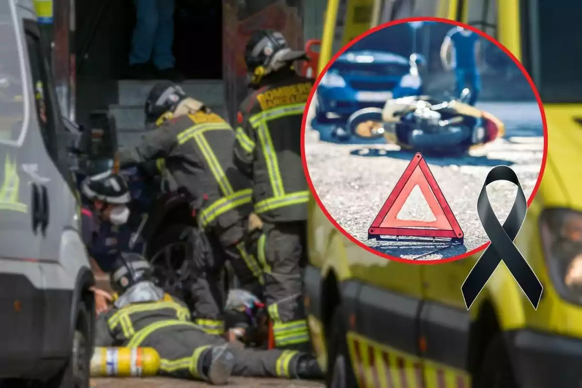 Montaje con foto de fondo de un accidente y los bomberos actuando, foto pequeña con un triángulo de seguridad y un lazo negro de luto Montaje con foto de fondo de un accidente y los bomberos actuando, foto pequeña con un triángulo de seguridad y un lazo negro de luto