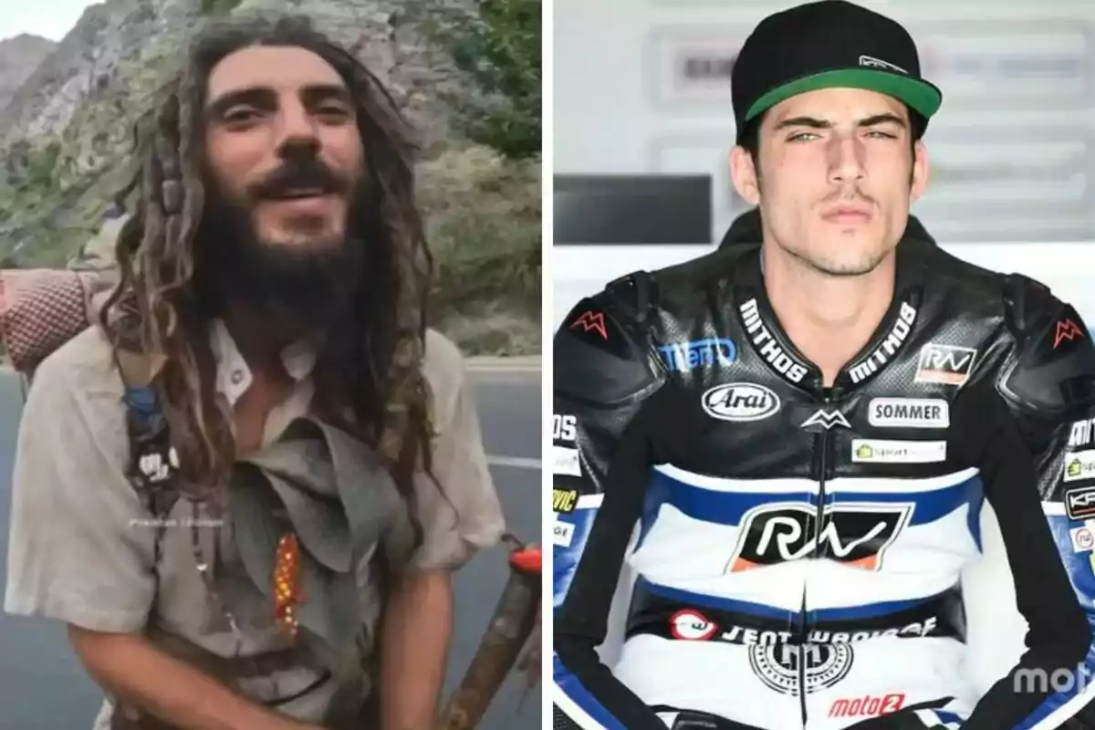 Dues imatges d'Axel Pons costat a costat; a l'esquerra apareix amb rastes i barba en un entorn natural; a la dreta surt vestit amb vestit de motociclista i gorra en un entorn professional. Dues imatges d'Axel Pons costat a costat; a l'esquerra apareix amb rastes i barba en un entorn natural; a la dreta surt vestit amb vestit de motociclista i gorra en un entorn professional.