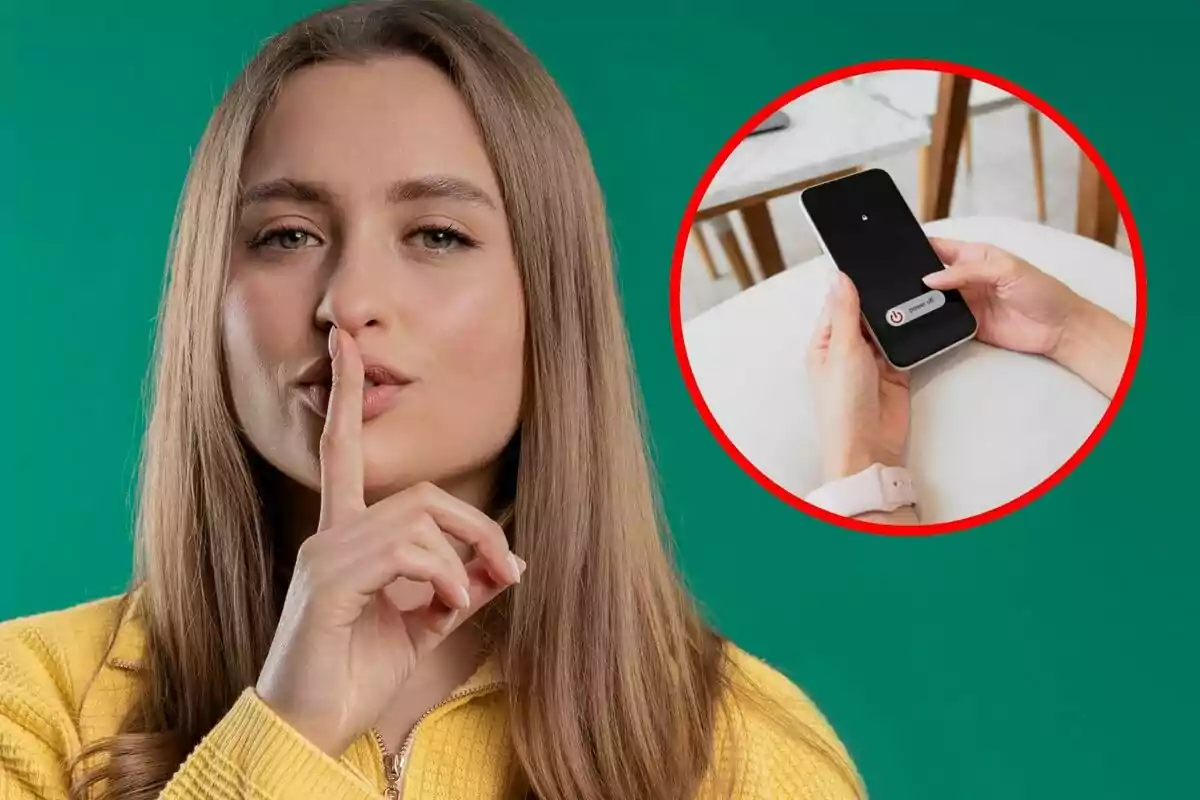 Mujer haciendo gesto de silencio con el dedo en los labios y un círculo que muestra un teléfono siendo apagado. Mujer haciendo gesto de silencio con el dedo en los labios y un círculo que muestra un teléfono siendo apagado.