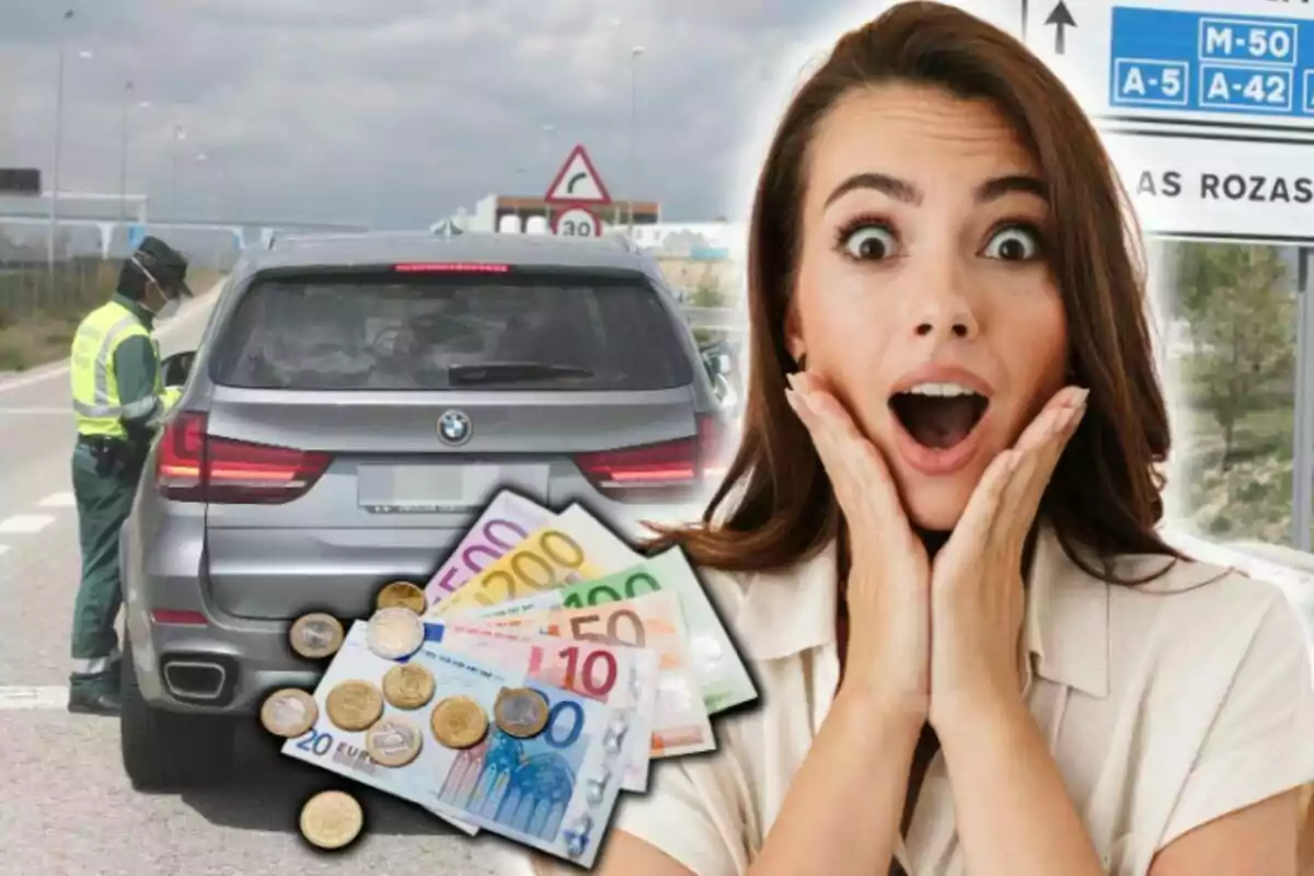 Una mujer con expresión de sorpresa, un coche detenido por un agente de tráfico y billetes y monedas de euro. Una mujer con expresión de sorpresa, un coche detenido por un agente de tráfico y billetes y monedas de euro.