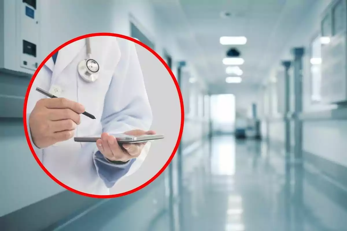 Un médico con bata blanca y estetoscopio usando un dispositivo móvil en un pasillo de hospital. Un médico con bata blanca y estetoscopio usando un dispositivo móvil en un pasillo de hospital.