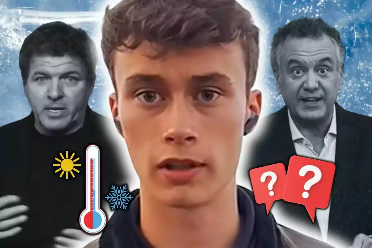 Jorge Rey en primer plano con dos imágenes de Roberto Brasero y Mario Picazo en blanco y negro al fondo, junto a un termómetro y símbolos de sol y nieve, además de dos burbujas de diálogo con signos de interrogación. Jorge Rey en primer plano con dos imágenes de Roberto Brasero y Mario Picazo en blanco y negro al fondo, junto a un termómetro y símbolos de sol y nieve, además de dos burbujas de diálogo con signos de interrogación.