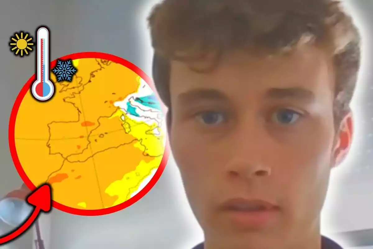 Montaje de fotos de Jorge Rey con rostro serio frente a un mapa del tiempo con iconos de sol y nieve. Montaje de fotos de Jorge Rey con rostro serio frente a un mapa del tiempo con iconos de sol y nieve.
