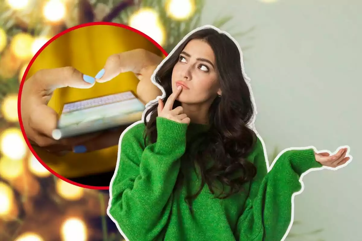 Una mujer con suéter verde parece pensativa mientras observa un círculo que muestra manos usando un teléfono móvil. Una mujer con suéter verde parece pensativa mientras observa un círculo que muestra manos usando un teléfono móvil.