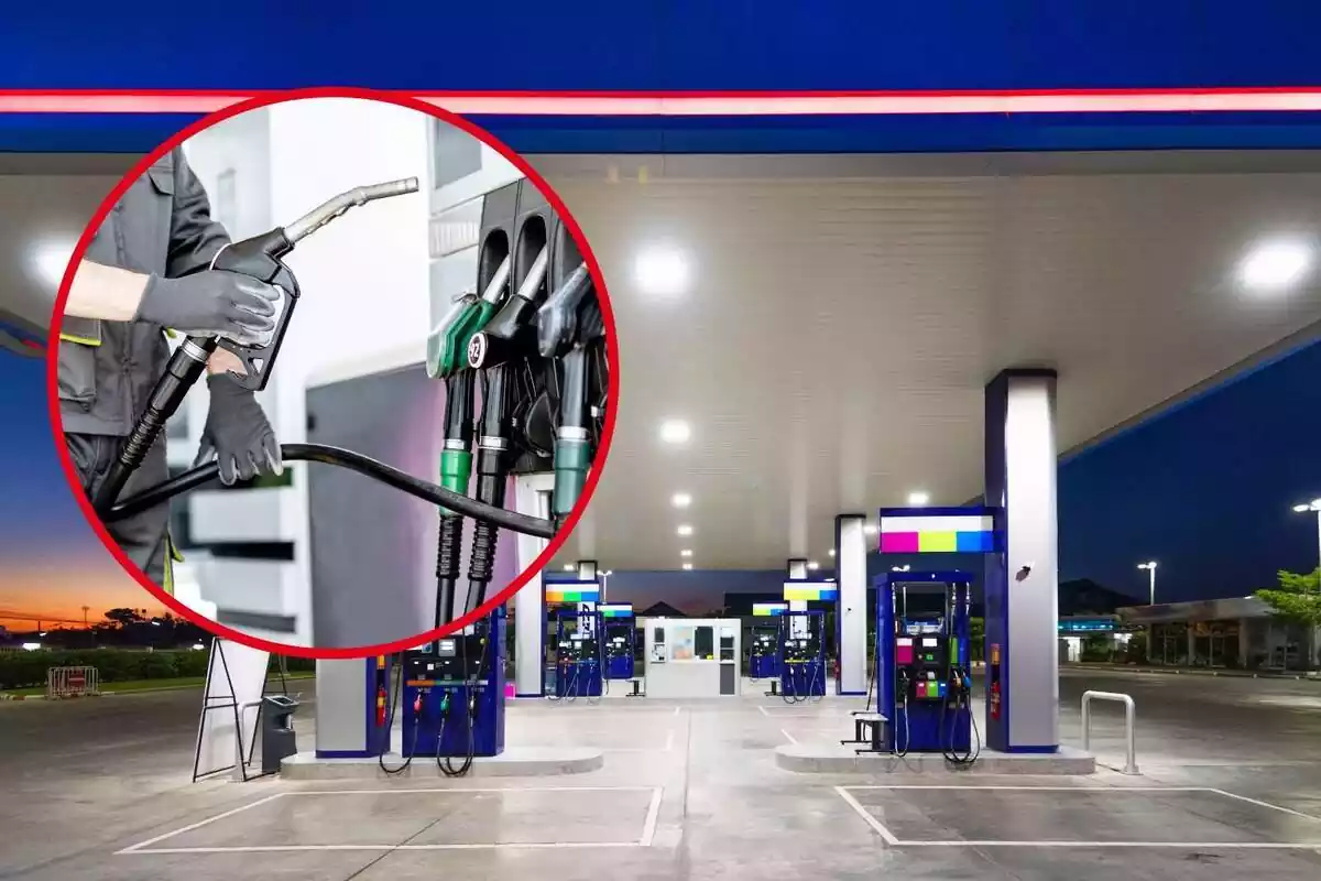 Montaje con una gasolinera y un círculo con un trabajador con un surtidor en la mano Montaje con una gasolinera y un círculo con un trabajador con un surtidor en la mano