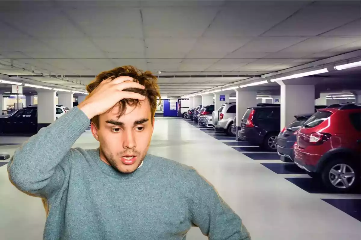 Montaje de un hombre preocupado y un parking Montaje de un hombre preocupado y un parking