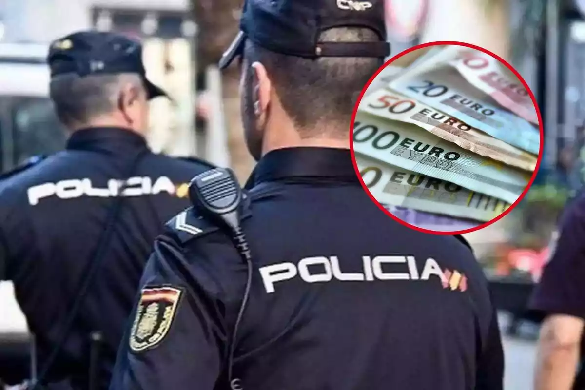 Muntatge de dos policies d'esquena amb una rodona de bitllets d'euro Muntatge de dos policies d'esquena amb una rodona de bitllets d'euro