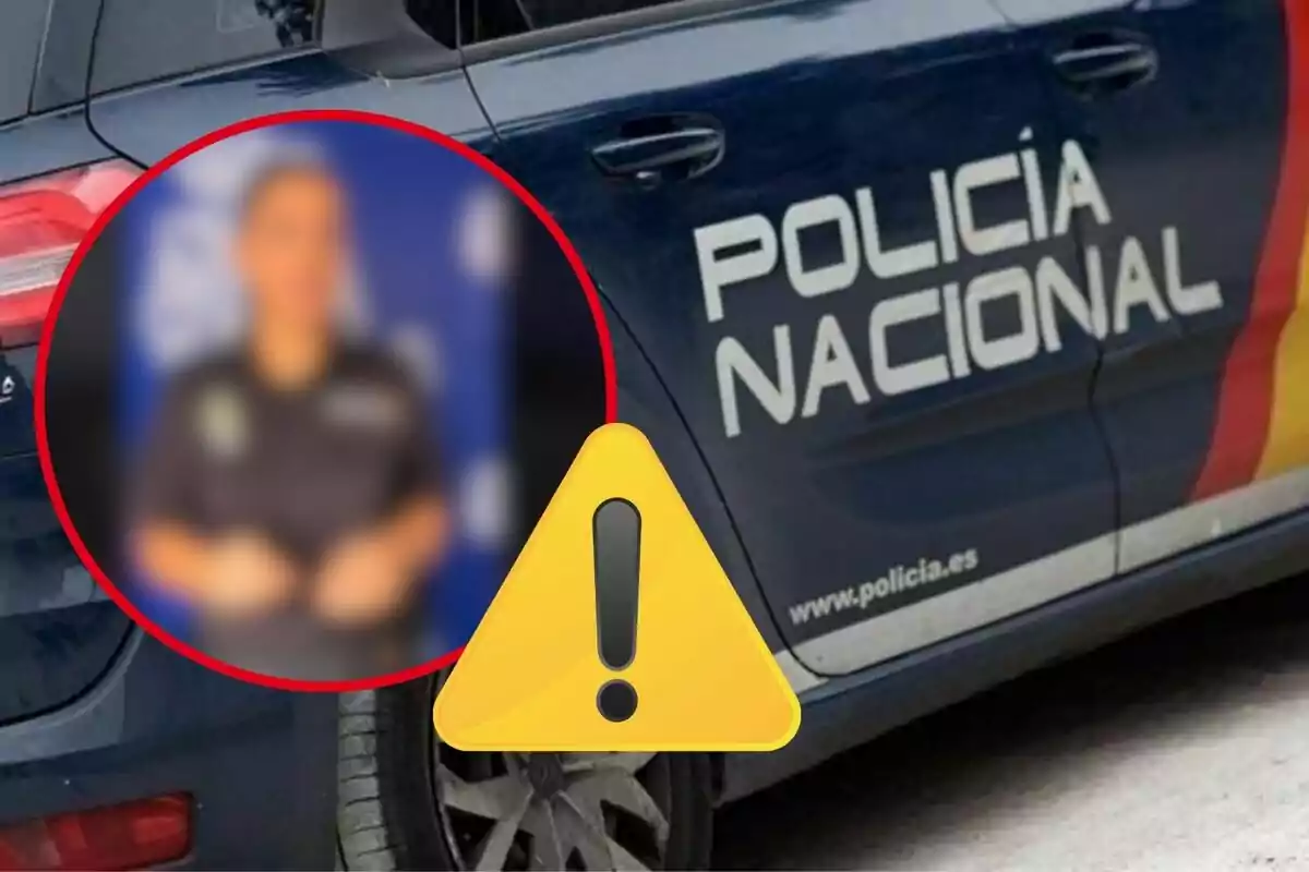 Un cotxe de la Policia Nacional amb una borrosa imatge d'una persona i una icona d'advertència. Un cotxe de la Policia Nacional amb una borrosa imatge d'una persona i una icona d'advertència.