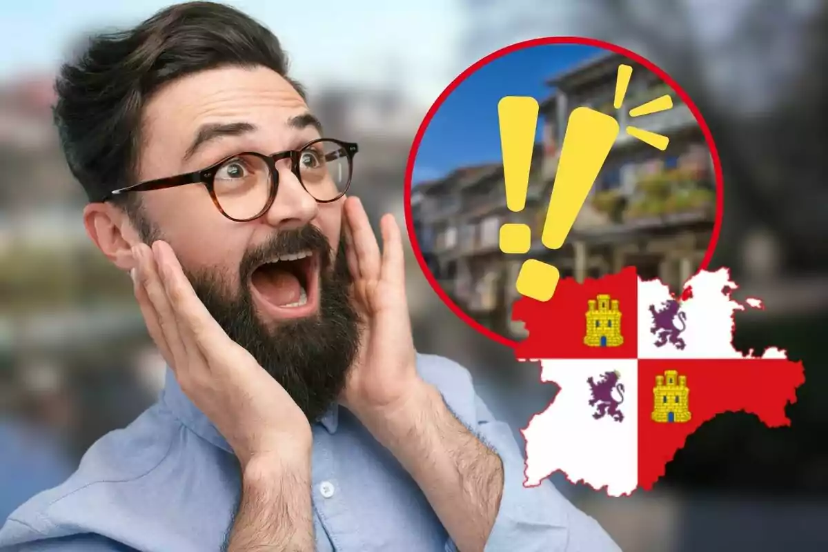 Hombre con barba y gafas, con expresión de sorpresa, junto a un gráfico que muestra un mapa y un signo de exclamación amarillo. Hombre con barba y gafas, con expresión de sorpresa, junto a un gráfico que muestra un mapa y un signo de exclamación amarillo.