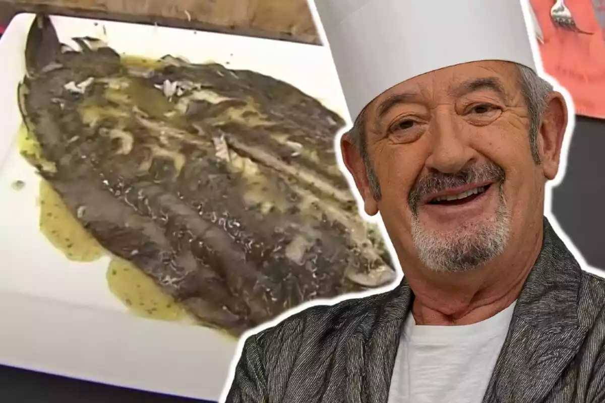 Montaje con un plato con lenguado al horno con salsa y la cara del chef Karlos Arguiñano Montaje con un plato con lenguado al horno con salsa y la cara del chef Karlos Arguiñano