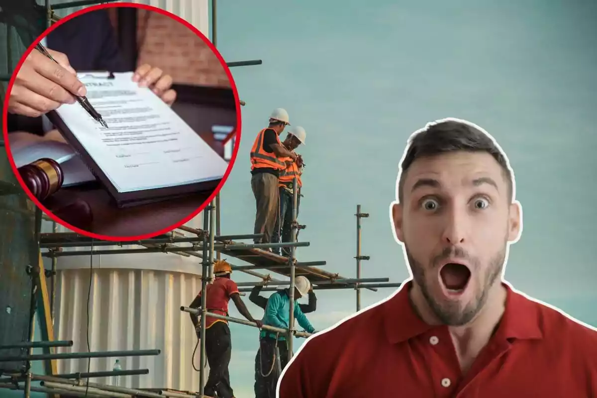 Un grupo de trabajadores sobre un andamio, en la parte derecha un hombre con la boca abierta sorprendido, y en el círculo, un contrato Un grupo de trabajadores sobre un andamio, en la parte derecha un hombre con la boca abierta sorprendido, y en el círculo, un contrato