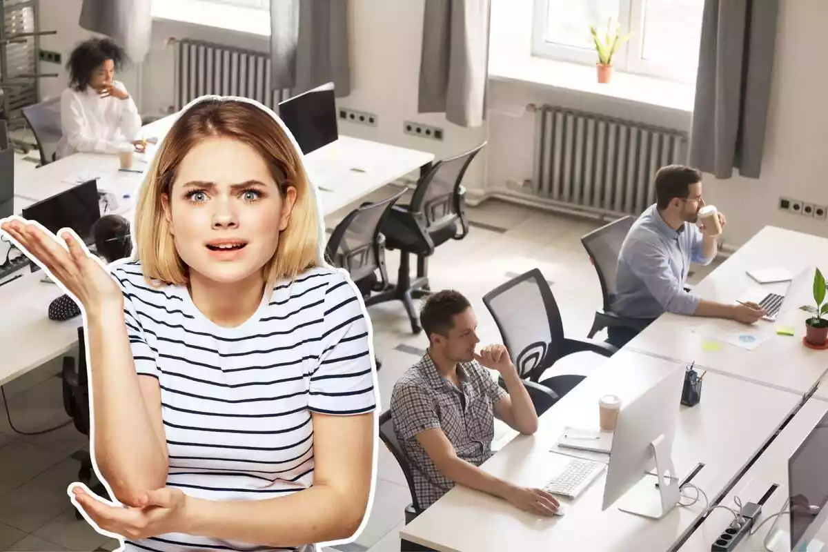 Montaje con una oficina, varios empleados y una chica sorprendida Montaje con una oficina, varios empleados y una chica sorprendida