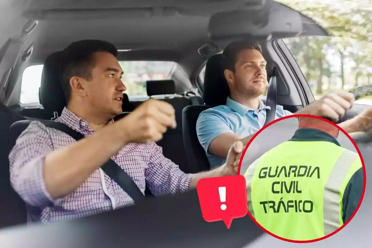 Imagen de fondo de dos personas en el interior de un coche, junto a otra imagen de un agente de la Guardia Civil de Tráfico Imagen de fondo de dos personas en el interior de un coche, junto a otra imagen de un agente de la Guardia Civil de Tráfico