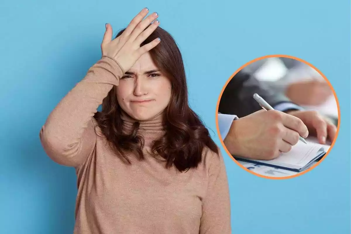 Montaje con chica olvidando alguna cosa y al lado foto de persona trabajando Montaje con chica olvidando alguna cosa y al lado foto de persona trabajando