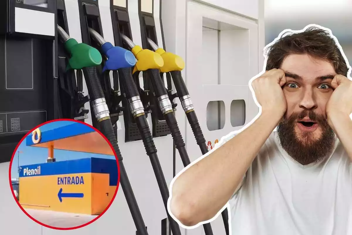 Montaje con una imagen de fondo de una gasolinera y otra de una estación Plenoil y un hombre sorprendido Montaje con una imagen de fondo de una gasolinera y otra de una estación Plenoil y un hombre sorprendido