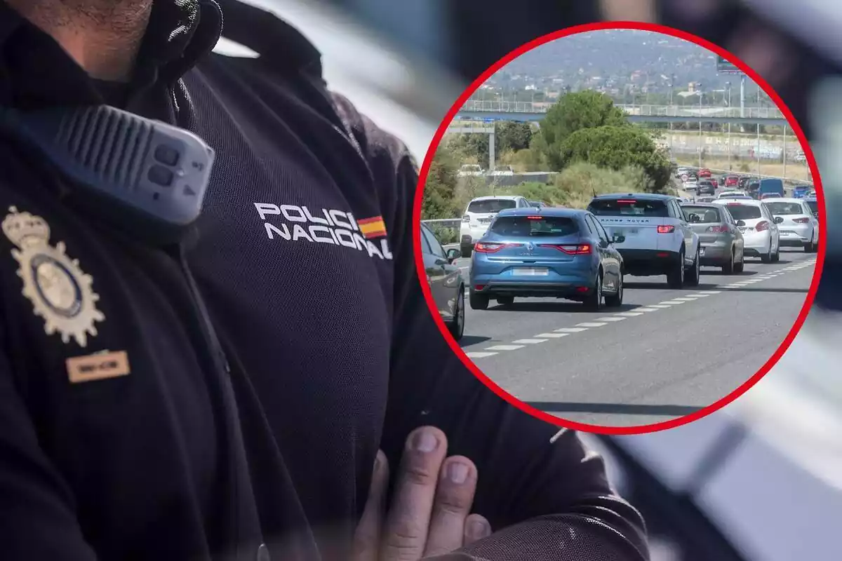 Imagen de fondo de un agente de Policía y otra de varios coches circulando por una carretera Imagen de fondo de un agente de Policía y otra de varios coches circulando por una carretera