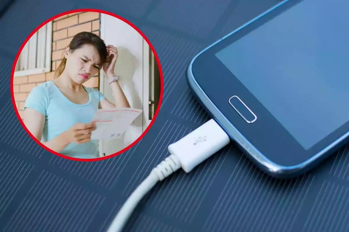 Mujer mirando facturas de la luz y móvil cargando Mujer mirando facturas de la luz y móvil cargando