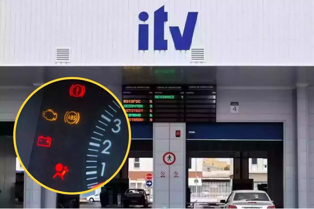 Montaje con estación de ITV y círculo amarillo con luces encendidas en el cuadro de instrumentos del coche Montaje con estación de ITV y círculo amarillo con luces encendidas en el cuadro de instrumentos del coche